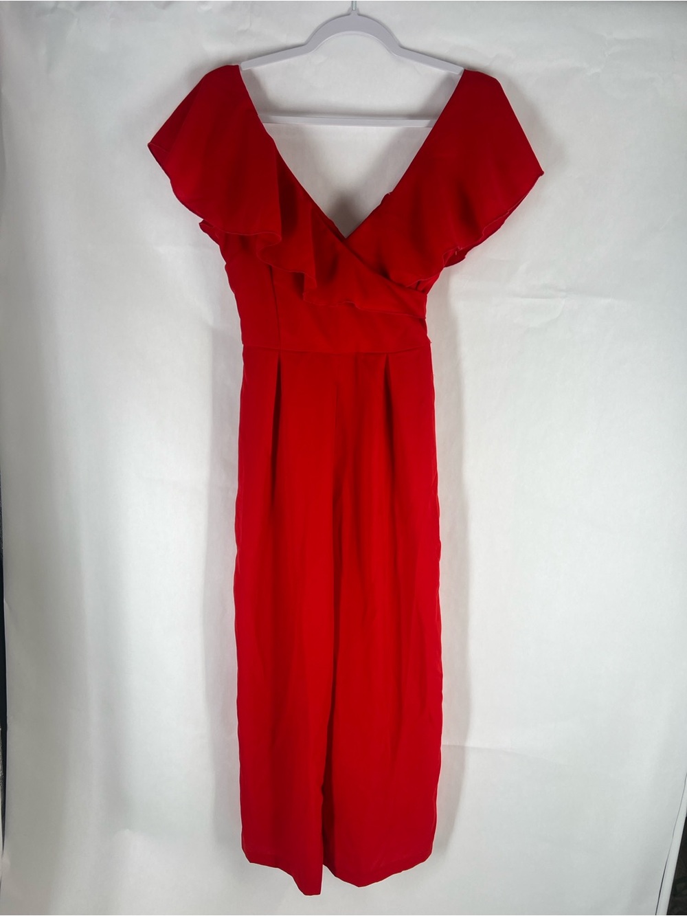 Red Ruffle V-Neck Jumpsuit - Picture 2 of 14
